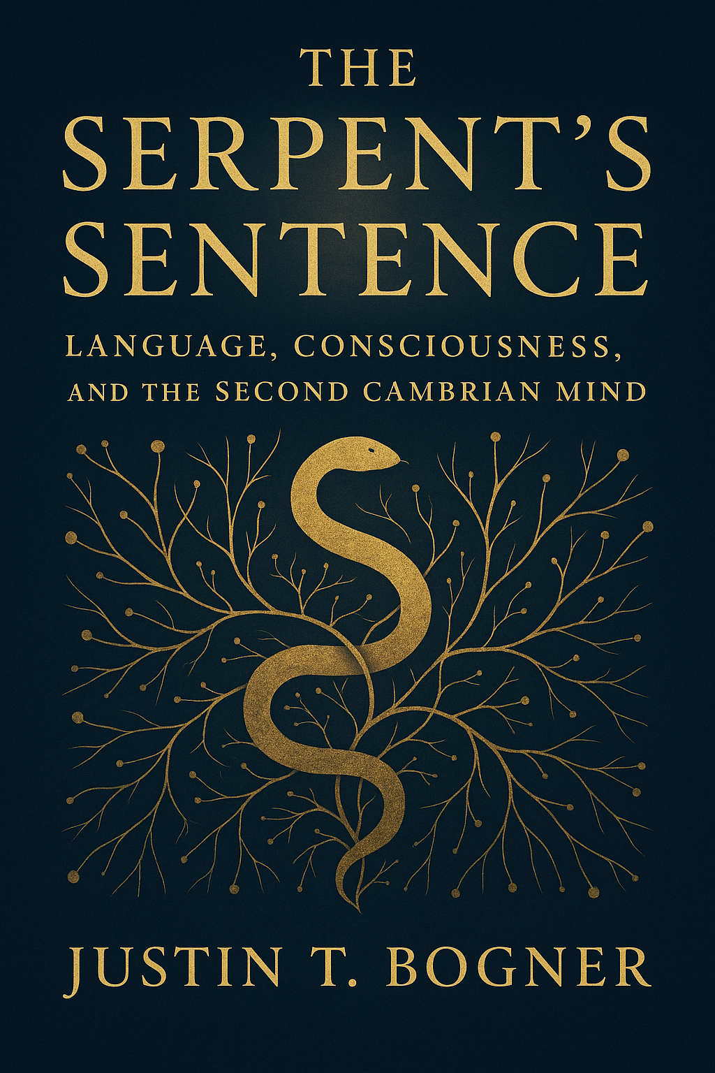The Serpent's Sentence book cover featuring golden serpentine neural network design