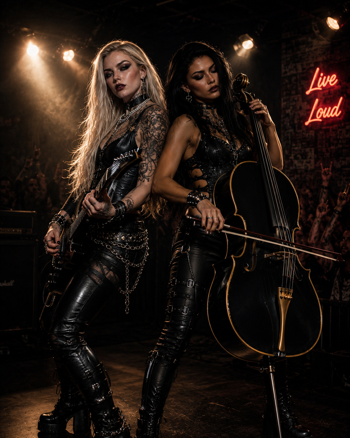 Morrigan with her guitar and Zoe with her cello, standing back-to-back