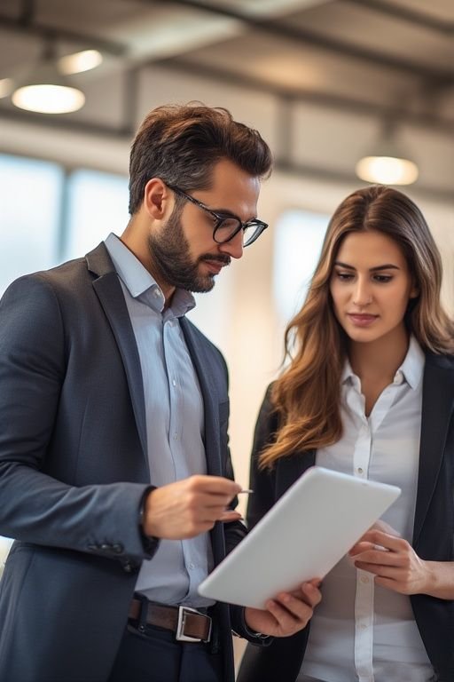 Dos profesionales en conversación, hombre y mujer revisando tablet juntos