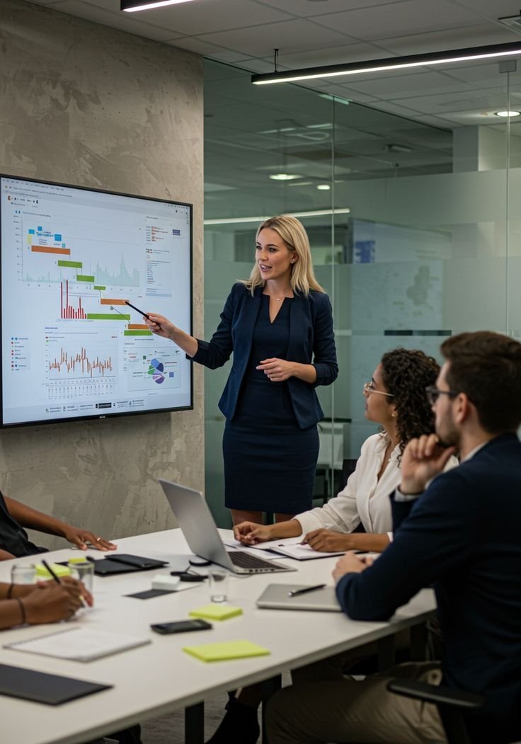 Mujer ejecutiva presentando análisis de datos en pantalla a equipo en sala de reuniones