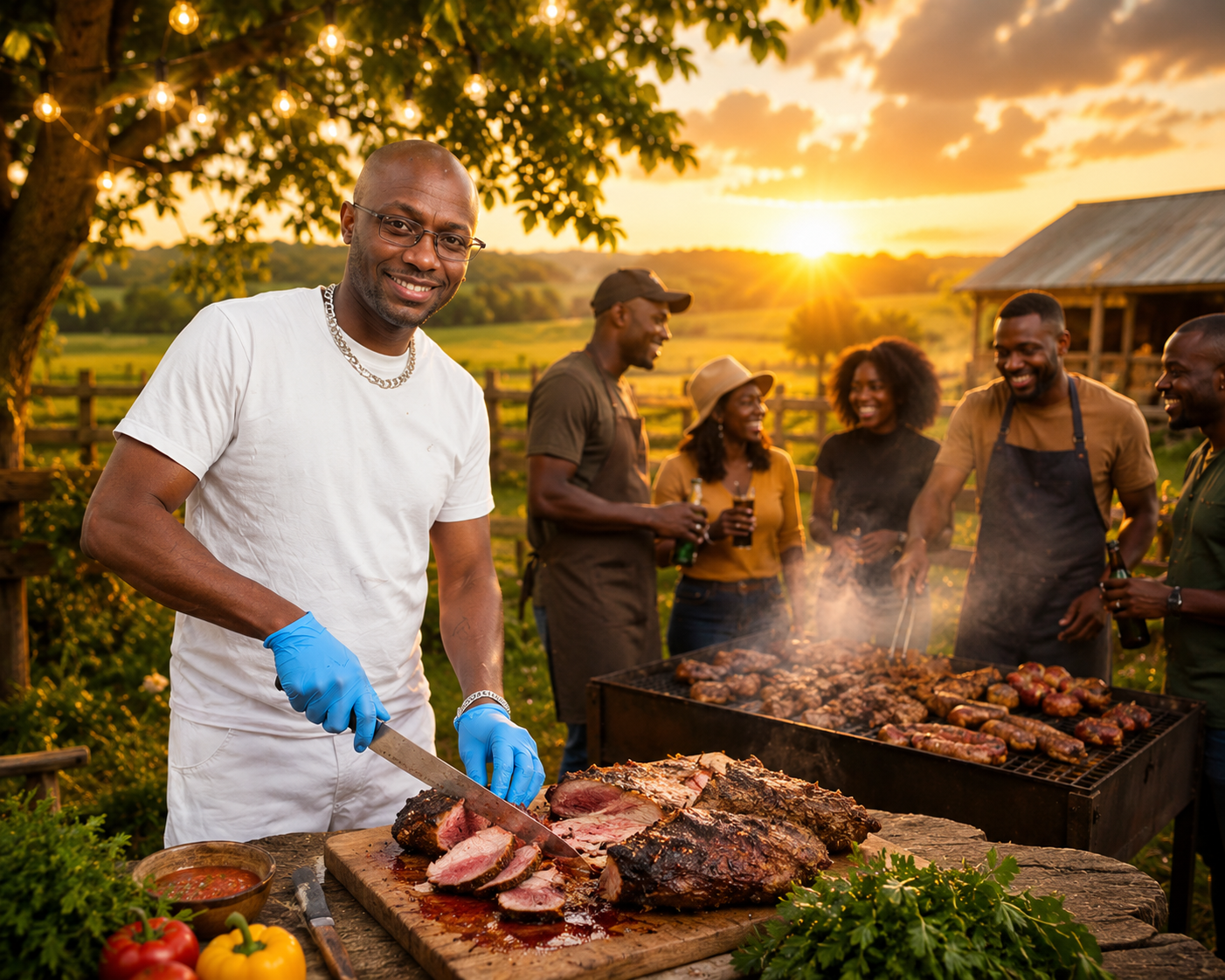 Kinyash Man in white shirt preparing nyama choma at sunset with friends around ...