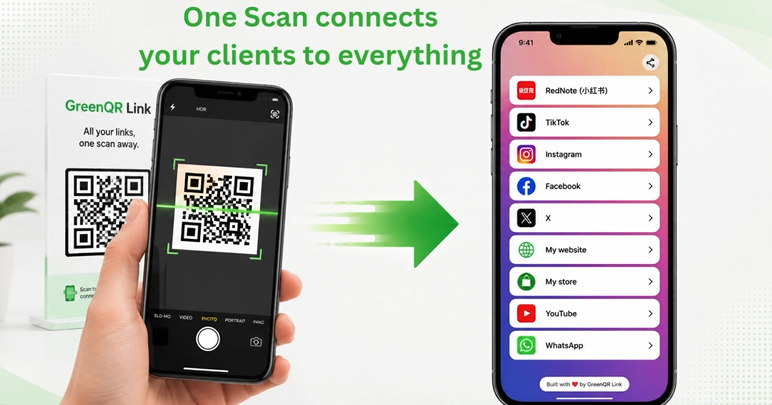 Customer scanning a QR code to open all business links