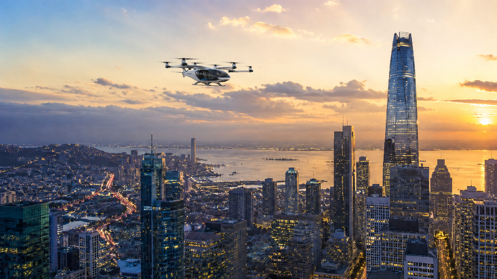 Sunset cityscape aerial view with eVTOL aircraft flying over illuminated skyscrapers and water