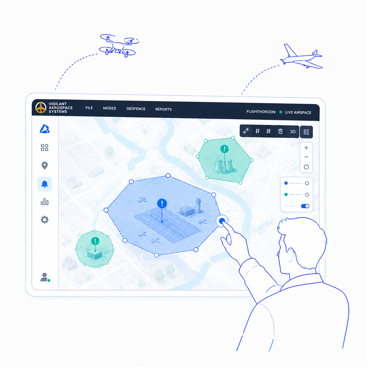map interface showing multiple alert zones with aircraft tracking