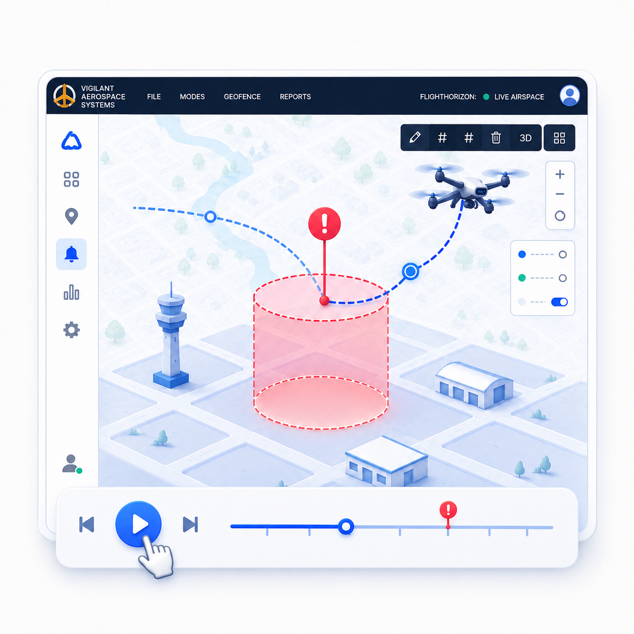 dashboard with alert zone visualization and event replay controls