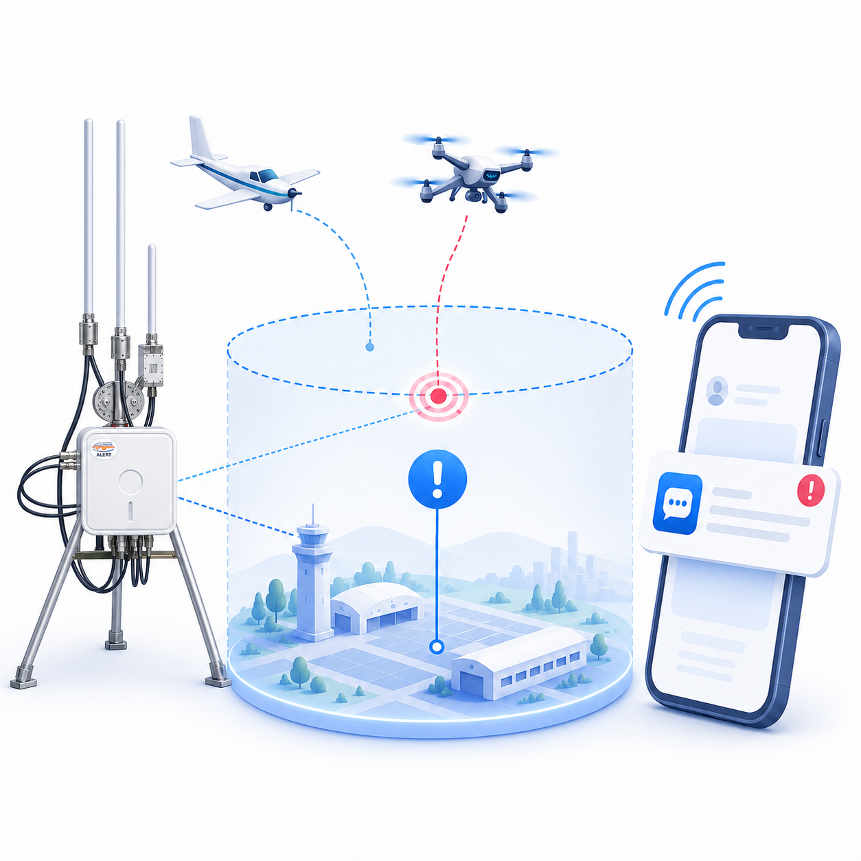 radar detection system showing aircraft, drone, alert zone, and mobile notification interface