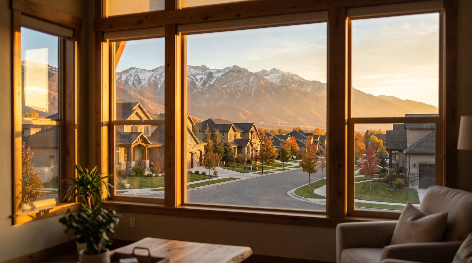 Golden sunset over a Northern Utah neighborhood with the Wasatch Mountains beyond a wood-framed window