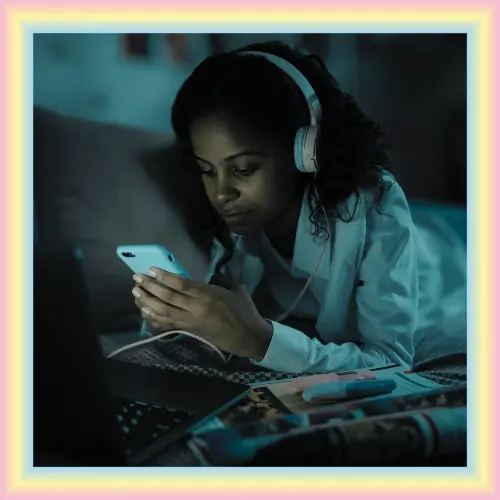 Person relaxing on a bed, browsing educational content about littlespace on a smartphone.