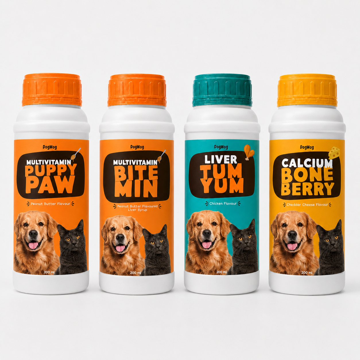 Four DogWog supplement bottles — Puppy Paw, Bite Min, Tum Yum and Bone Berry