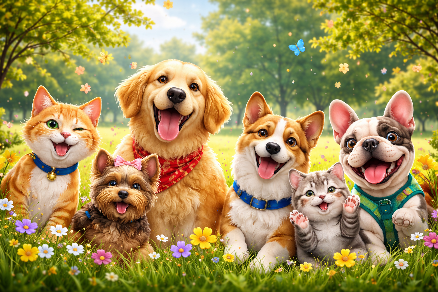 Happy dogs and cats in a colorful garden with flowers and butterflies