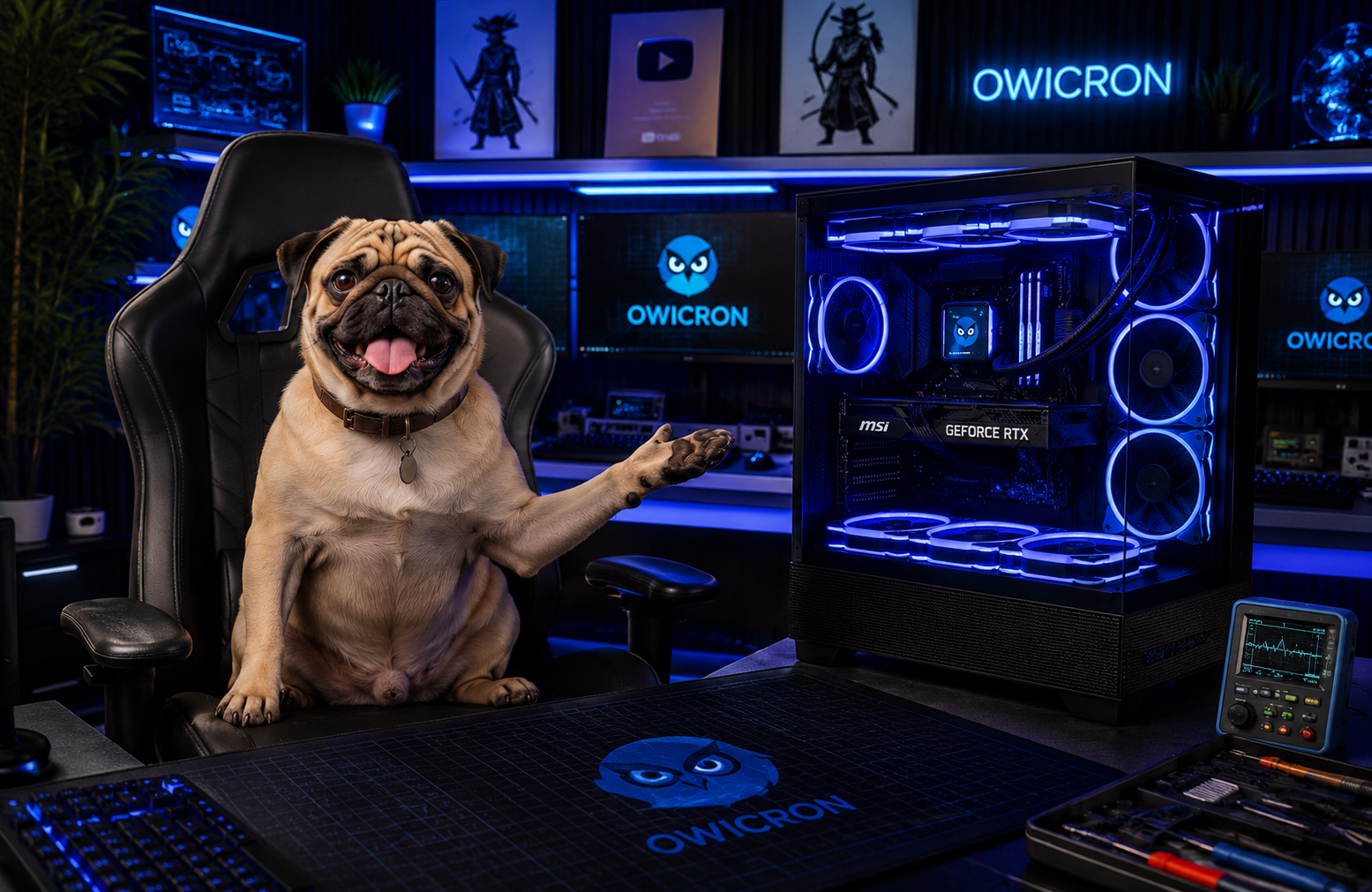 Especialista de Owicron junto a su pug en el laboratorio