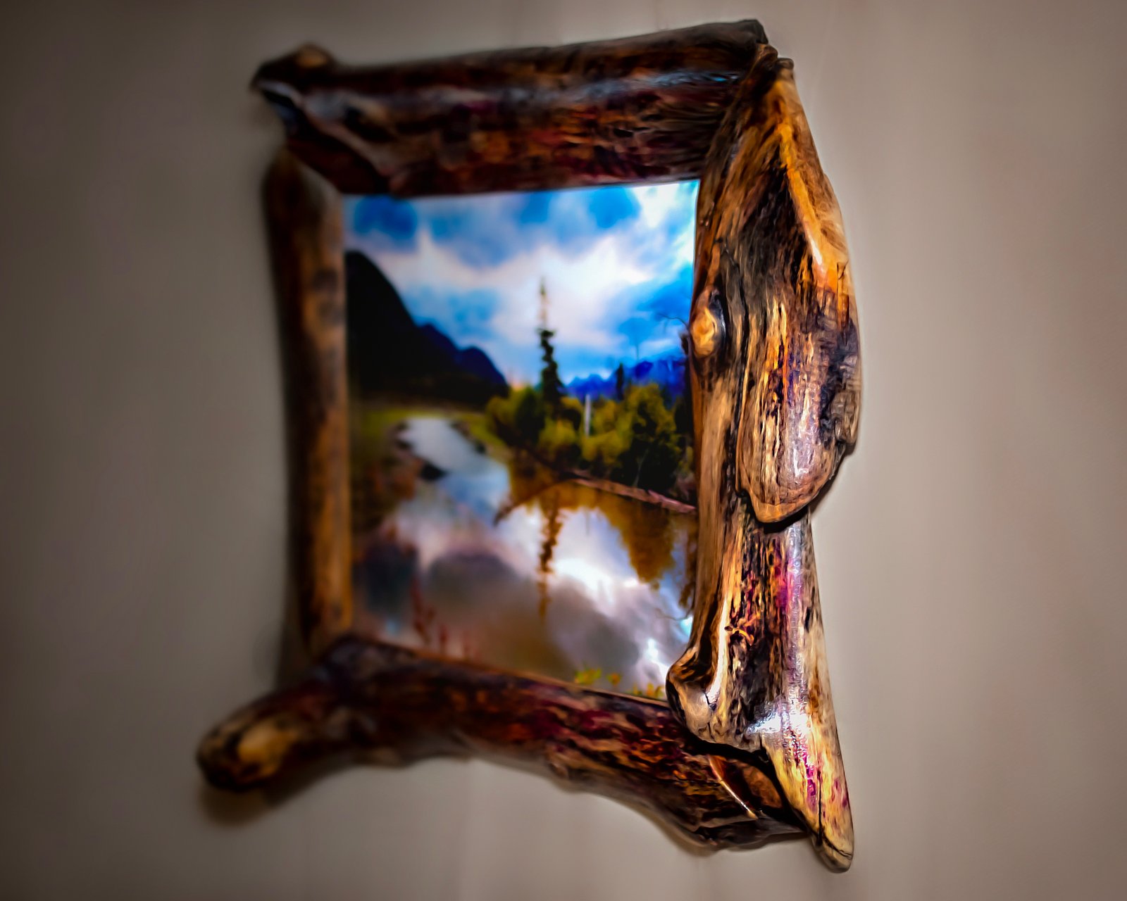 Asymmetrical driftwood frame on a wall