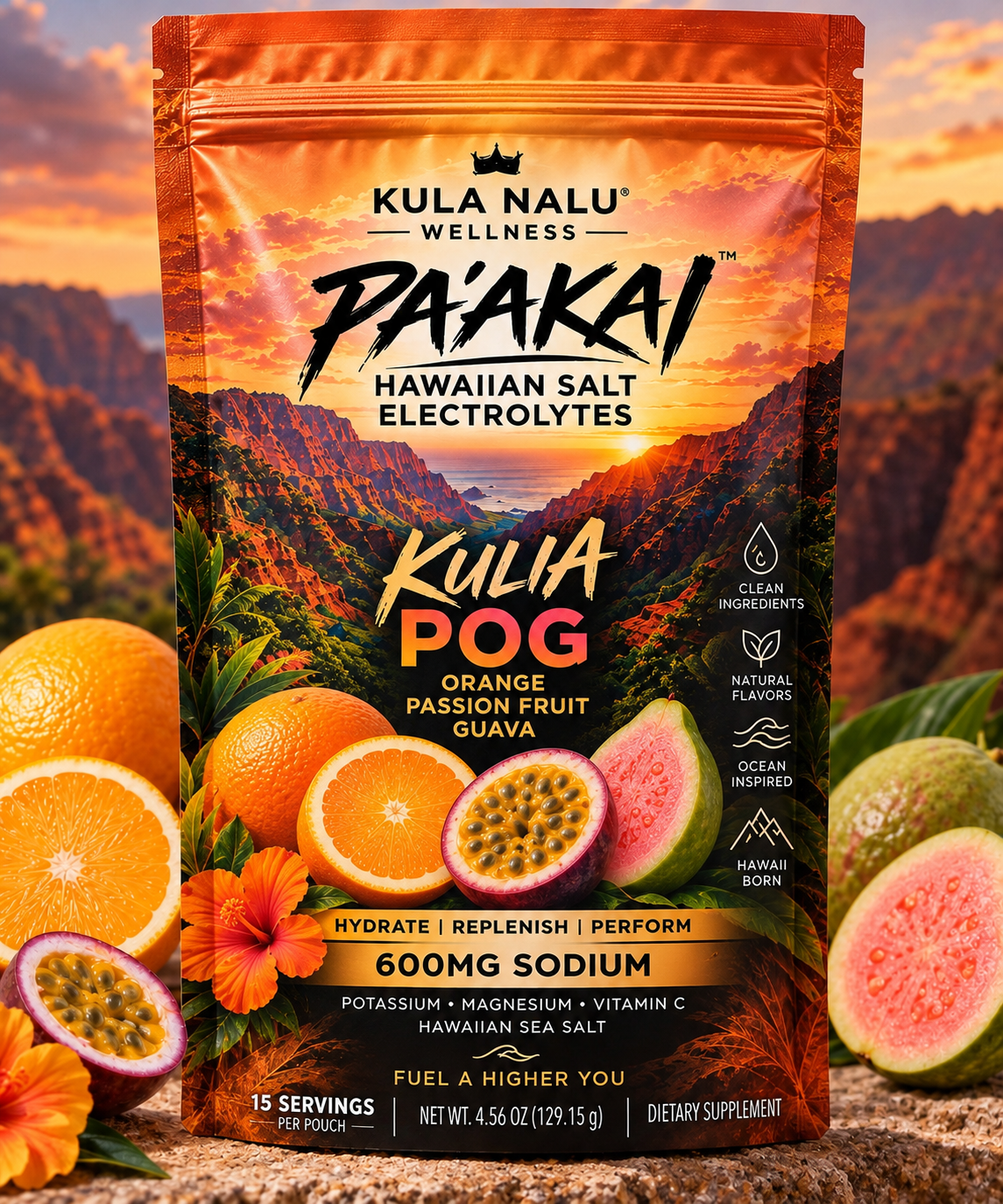 Paʻakai Kulia POG orange passion fruit guava Hawaiian salt electrolyte powder pouch