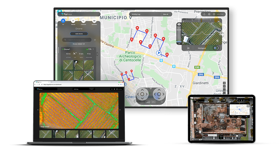 Drone performing an automated mapping mission over a large agricultural ...