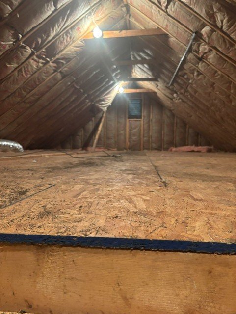 Empty attic space with exposed wooden beams and rafters after cleanout