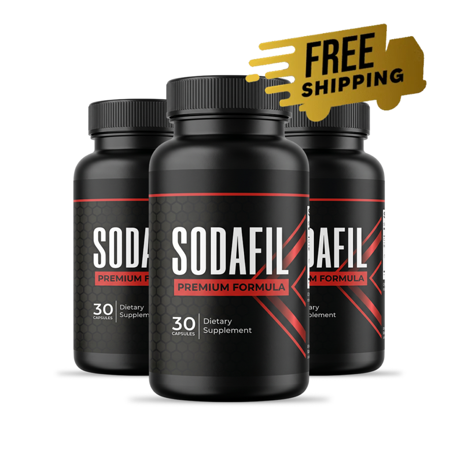 Three bottles of Sodafil Premium Formula with a free shipping badge