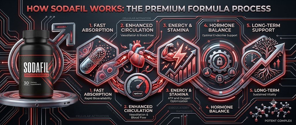 How Sodafil works infographic: fast absorption, enhanced circulation, energy and stamina, hormone balance, and long-term support
