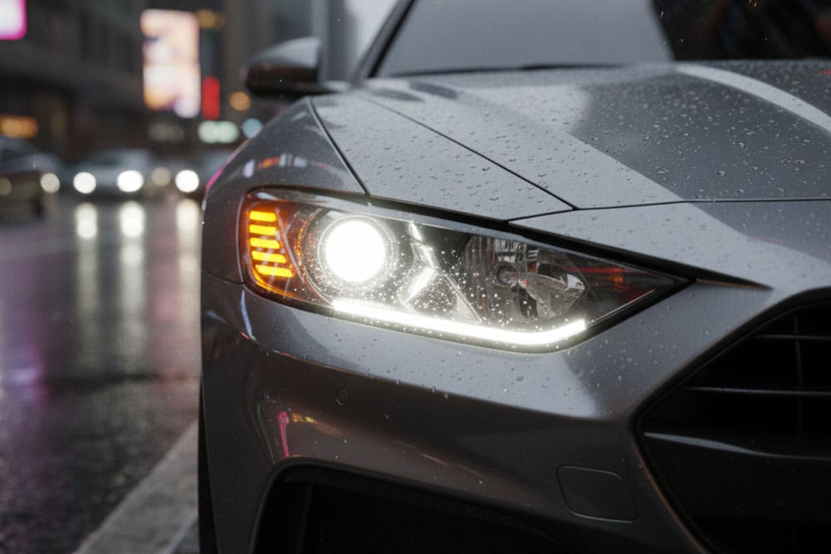 Carro cinza com farol de LED aceso em rua molhada à noite