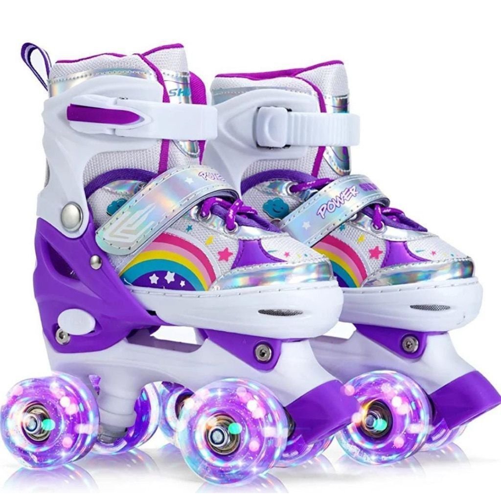 Patins Quad Roller com Rodas LED Ajustáveis (Branco/Roxo)