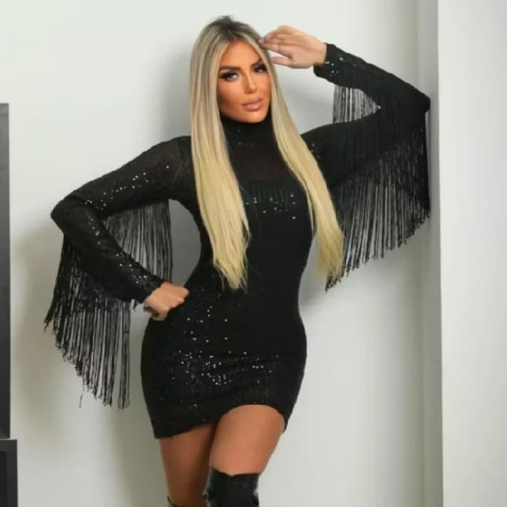 Vestido Paetê Manga Longa Com Franjas Coladinho Curto, Roupa de Festa de Rodeio, Gola Alta Zíper Forrado c/ Bojo