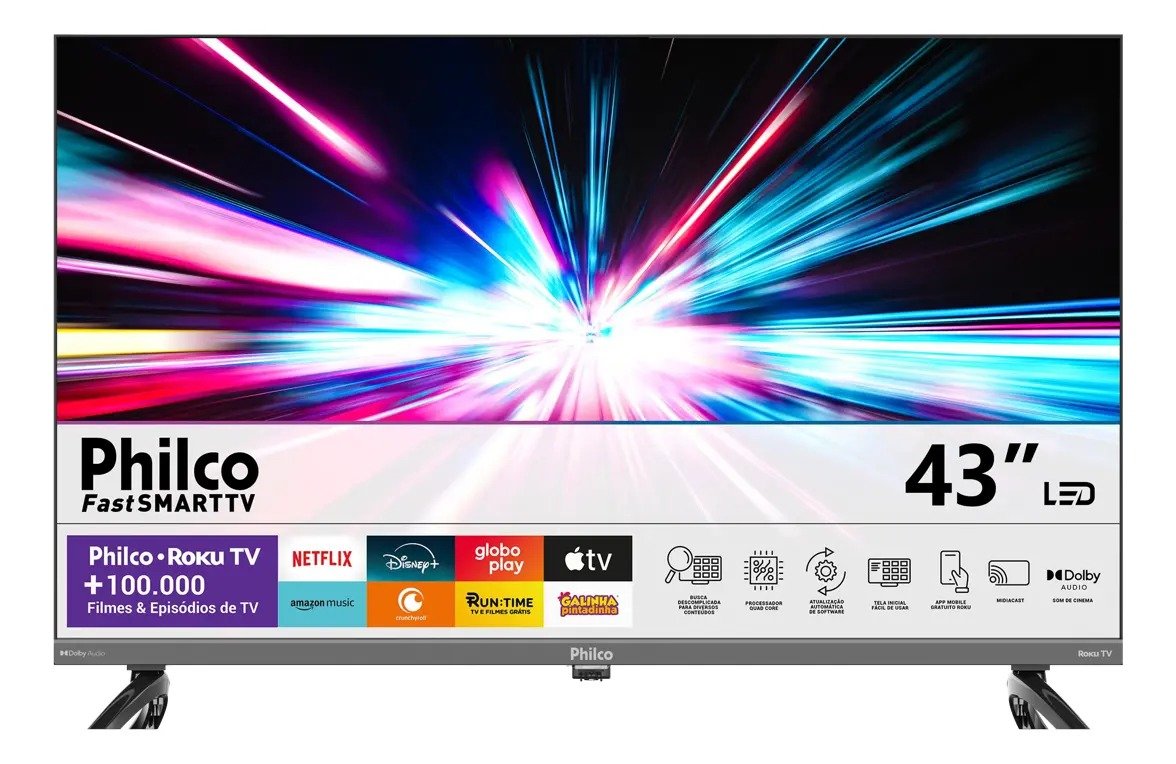Smart TV Philco 43” P43VIK, Roku TV, LED, Dolby Audio, Wi-Fi, HDMI, HDR, Full HD, bivolt