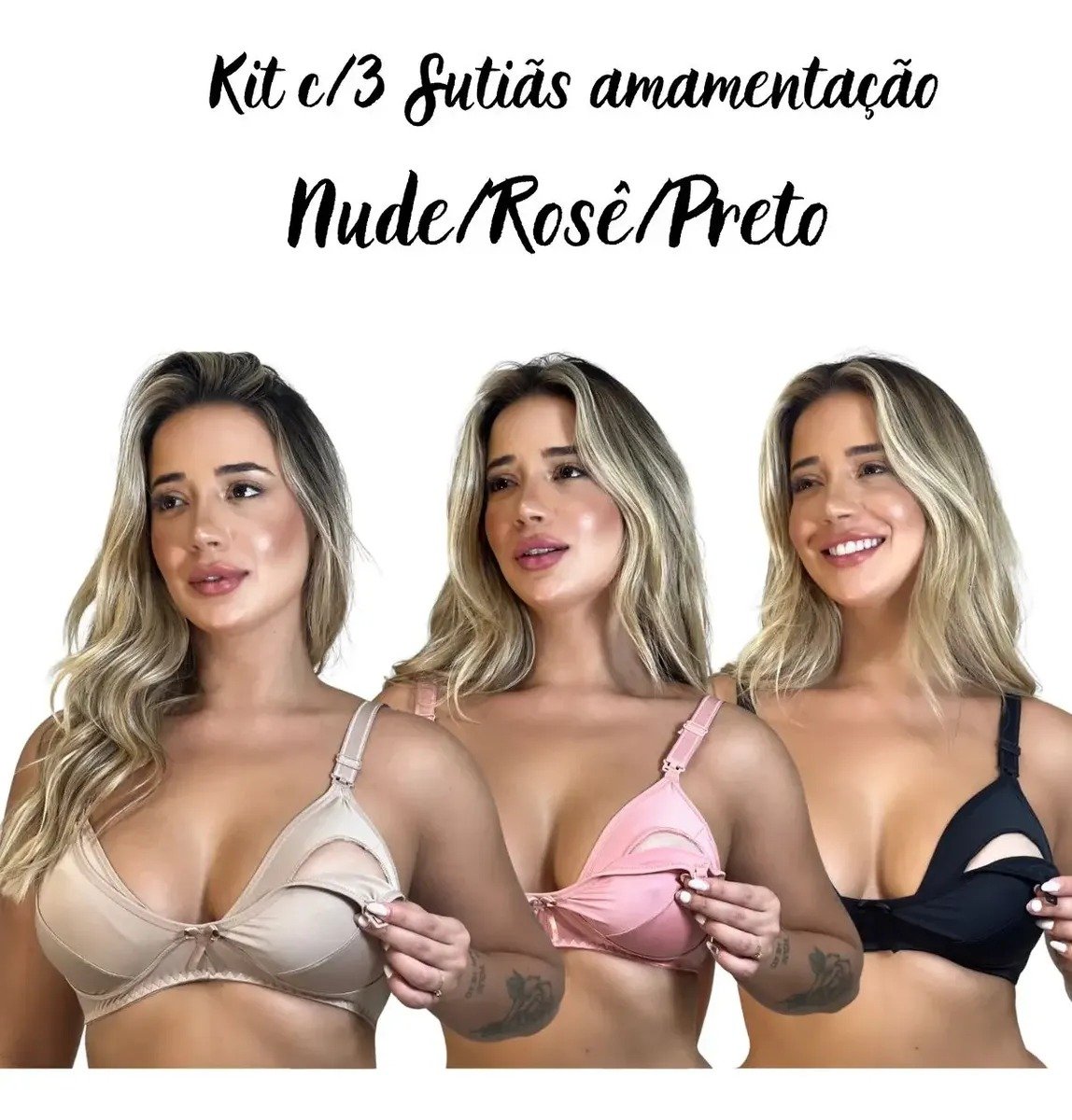 Kit com 3 Sutiãs de Amamentação Lisos, com Alça Reforçada