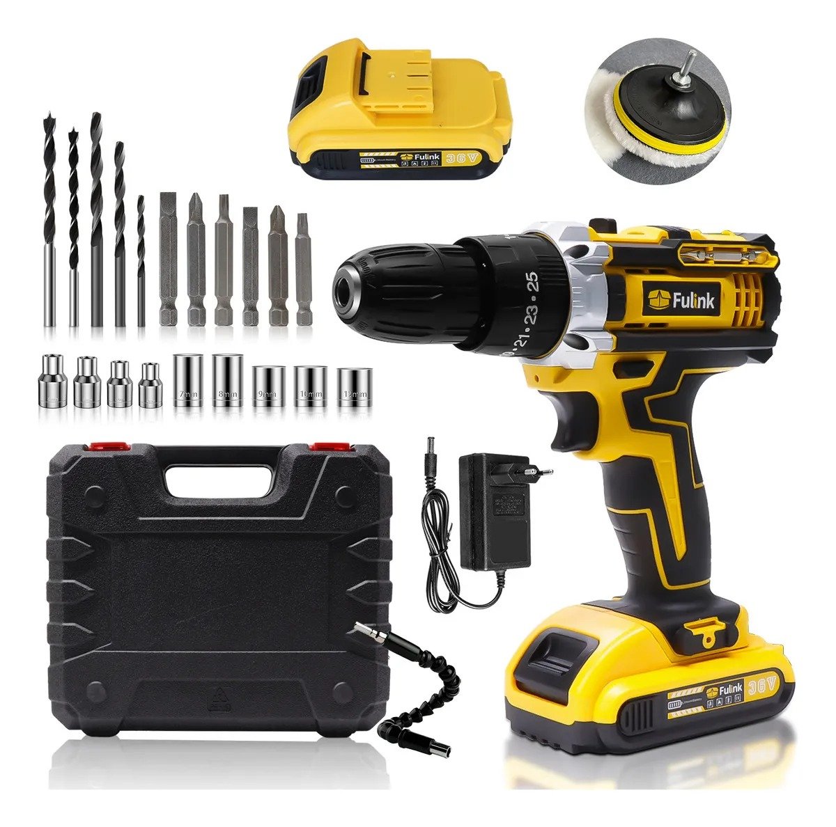 Parafusadeira Furadeira de Impacto Fulink Profissional FK-80PT, 2 baterias, com maleta, 60 Hz, amarela