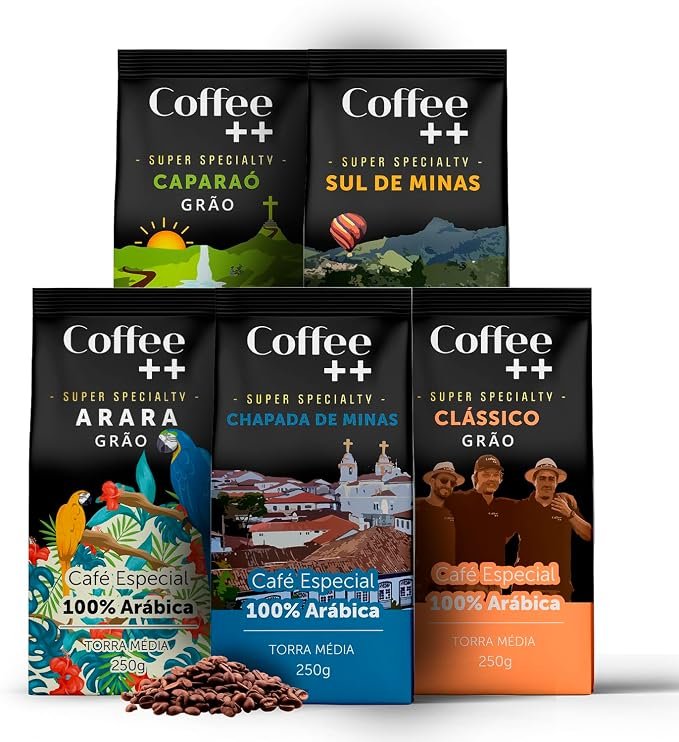 Kit com 5 pacotes de Café Especial em Grãos Coffee++, variedades Arara, Sul de Minas, Caparaó, Chapada de Minas e Clássico, 100% Arábica, 5 × 250 g
