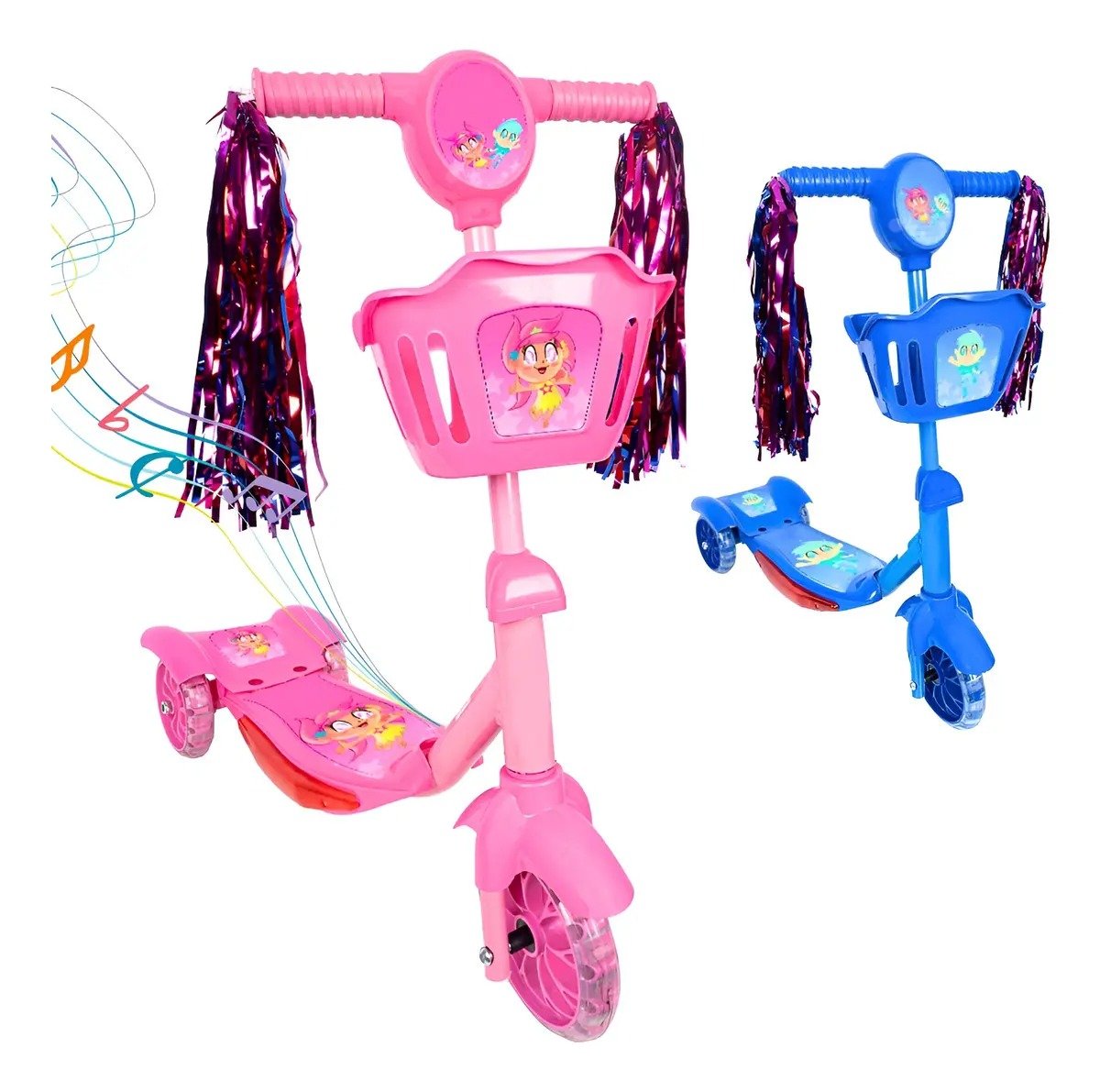 Patinete Infantil Rosa de 3 Rodas, com LED, som e cesta