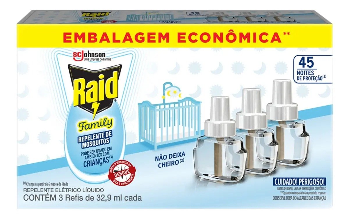 Repelente Elétrico Líquido Raid Family, 45 Noites, com 3 Refis