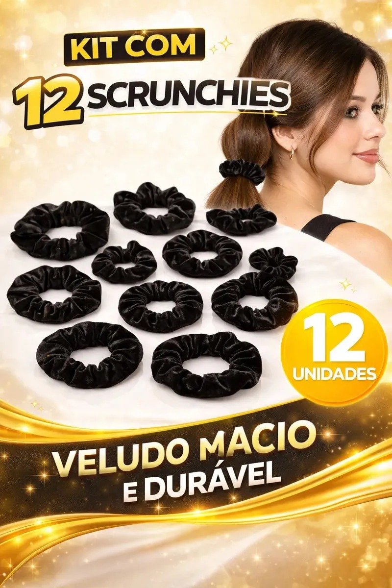 Kit com 12 Scrunchies de Veludo Preto Premium