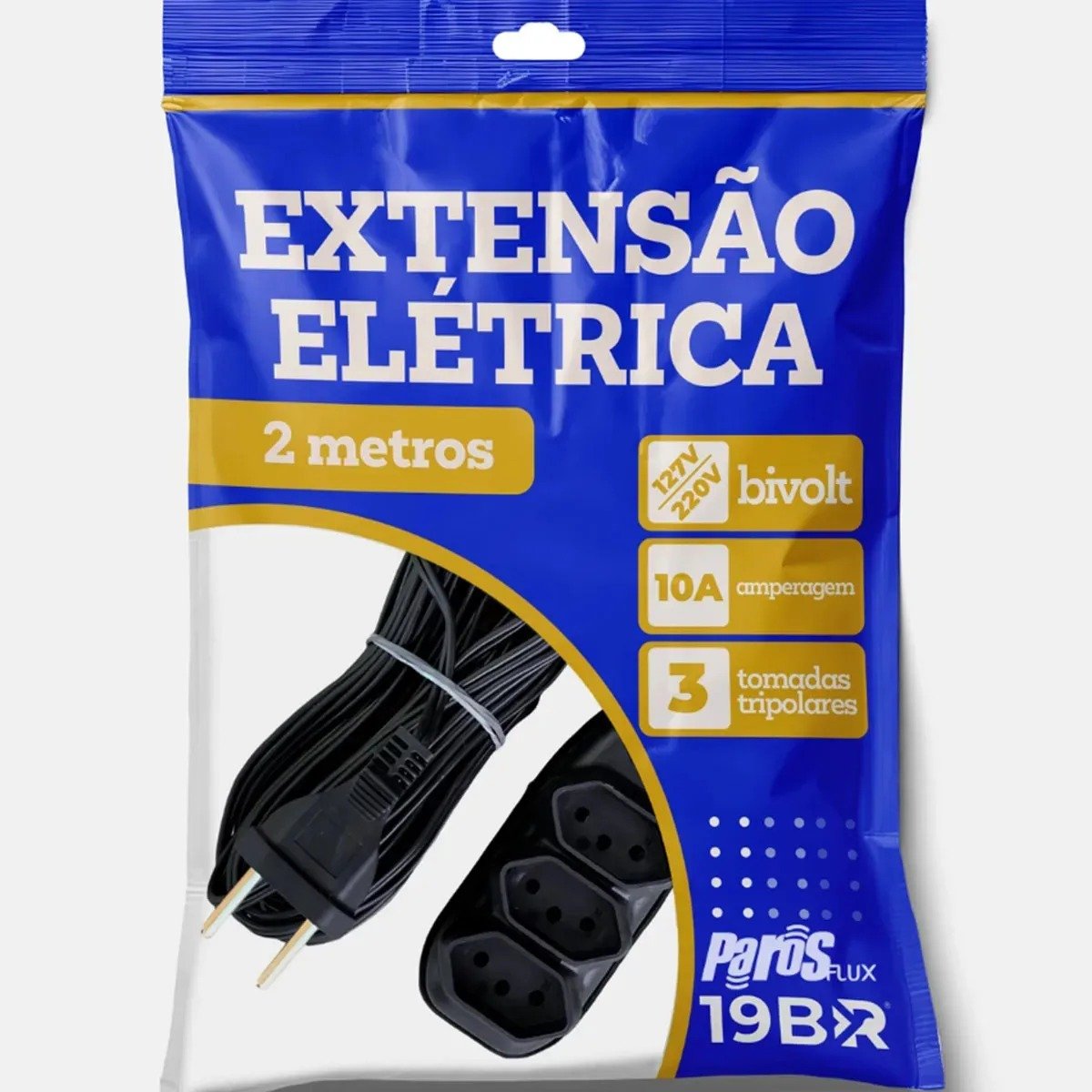 Extensão Elétrica Parosflux, 2 m, com 3 tomadas, bivolt, preta