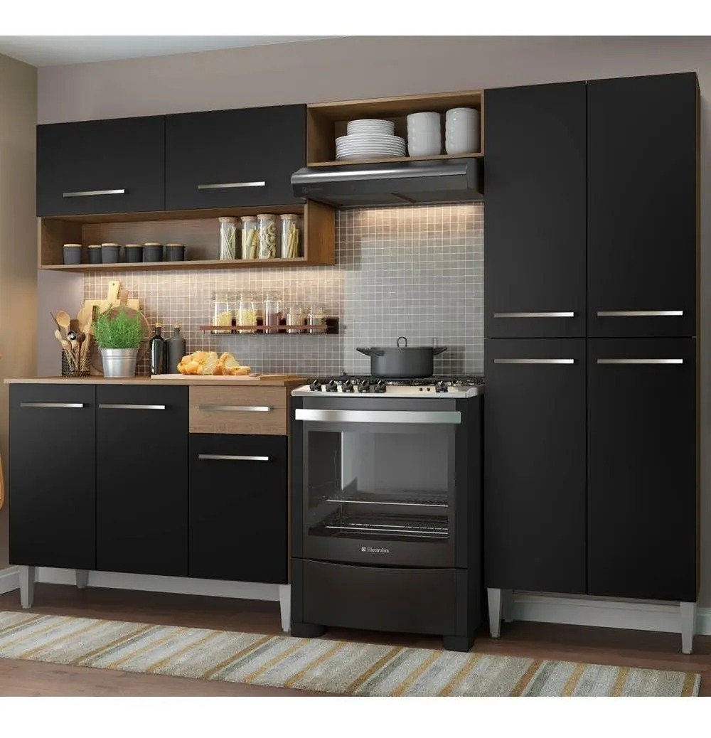 Cozinha modulada completa Emilly Pop, com armário e balcão, cor rustic/preto, modelo GREM229002