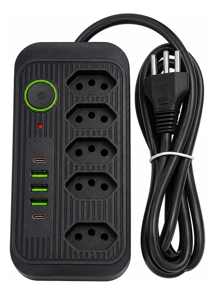 Filtro de Linha com 5 Tomadas, 3 USB, 2 USB-C, Cabo de 2 m, Bivolt
