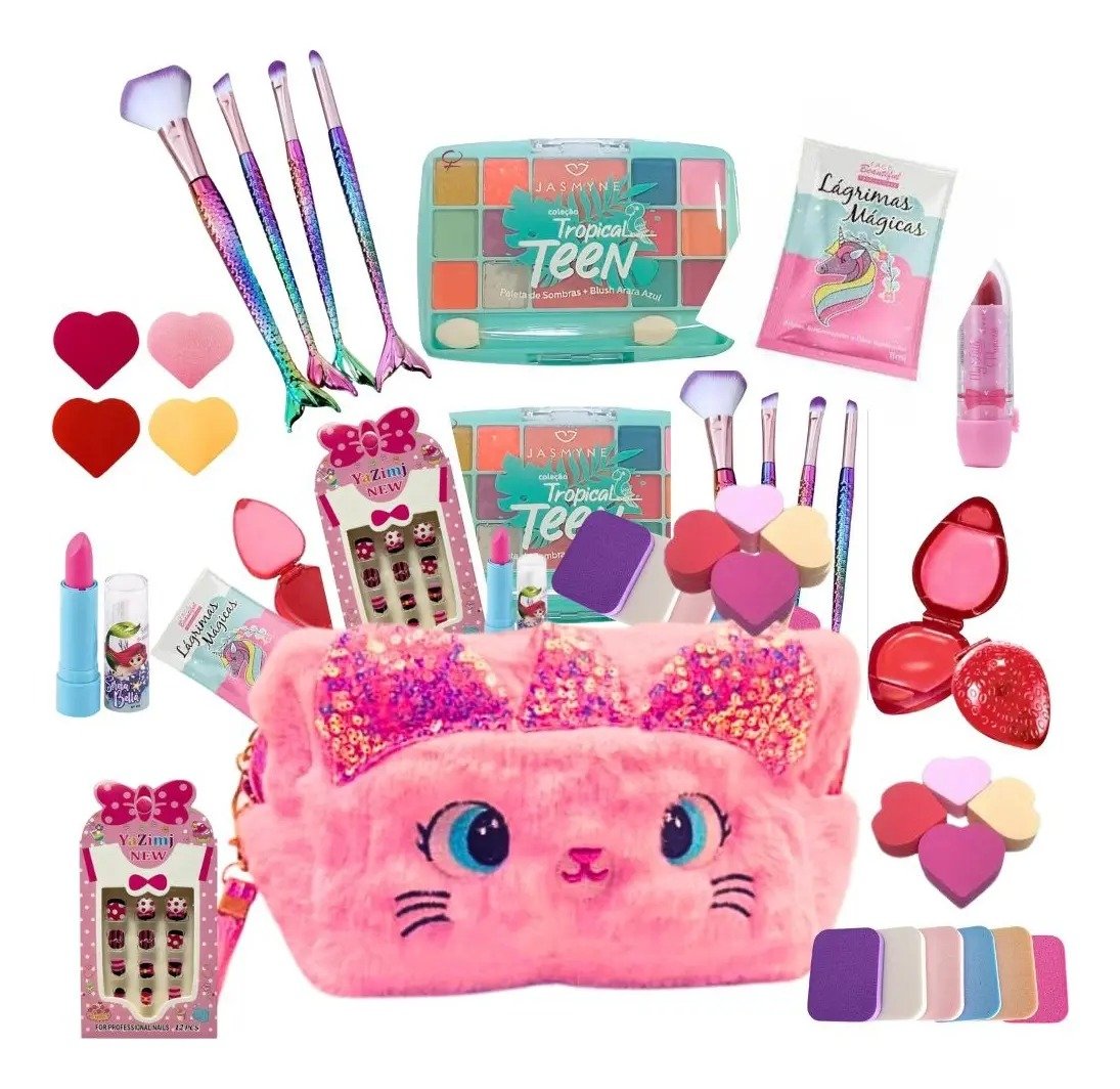 Kit de Maquiagem Infantil com Maleta, Batom, Sombra, Unhas e Gloss