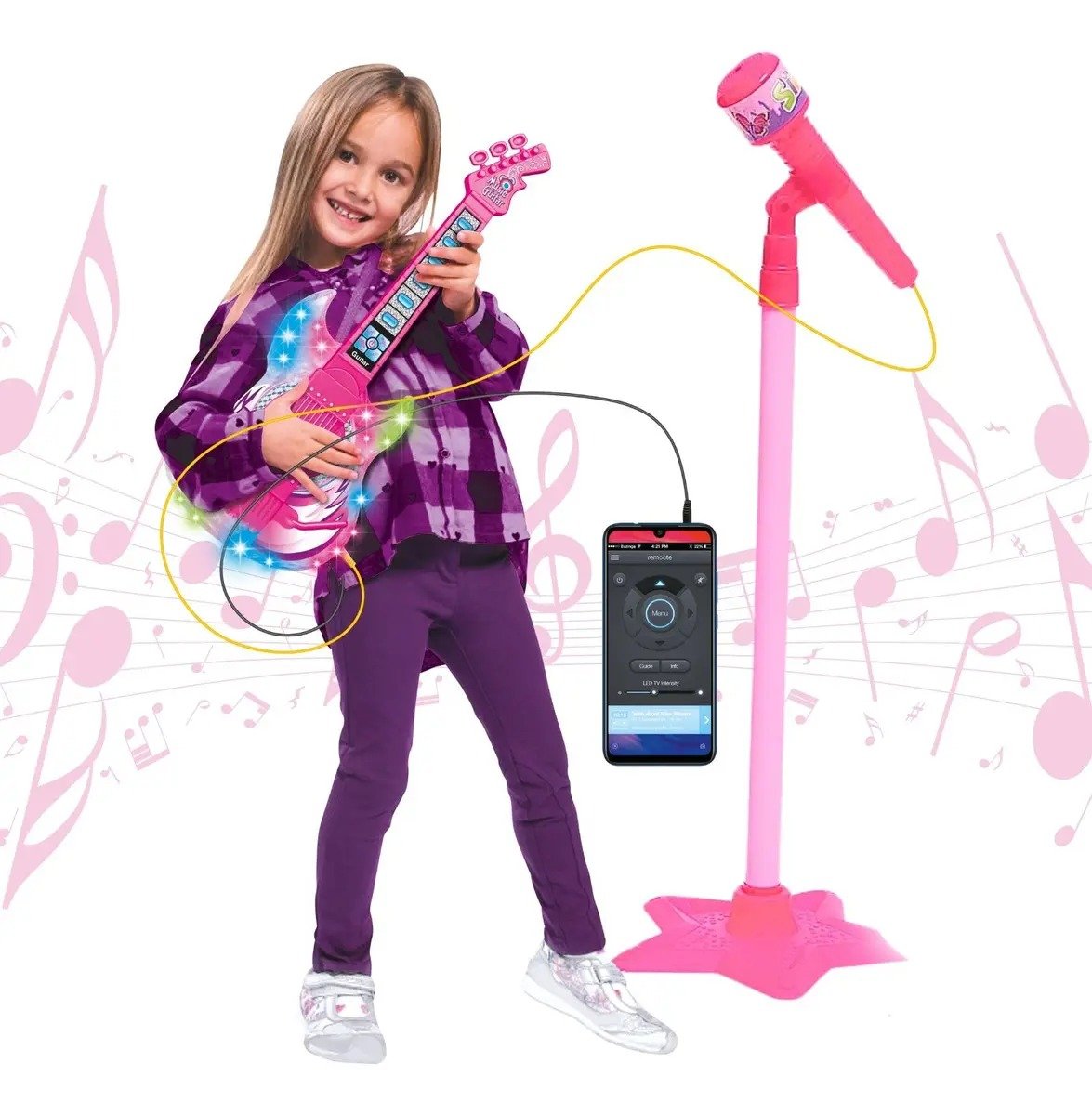 Guitarra e Microfone Infantil de Brinquedo Musical, cor rosa, Atentu