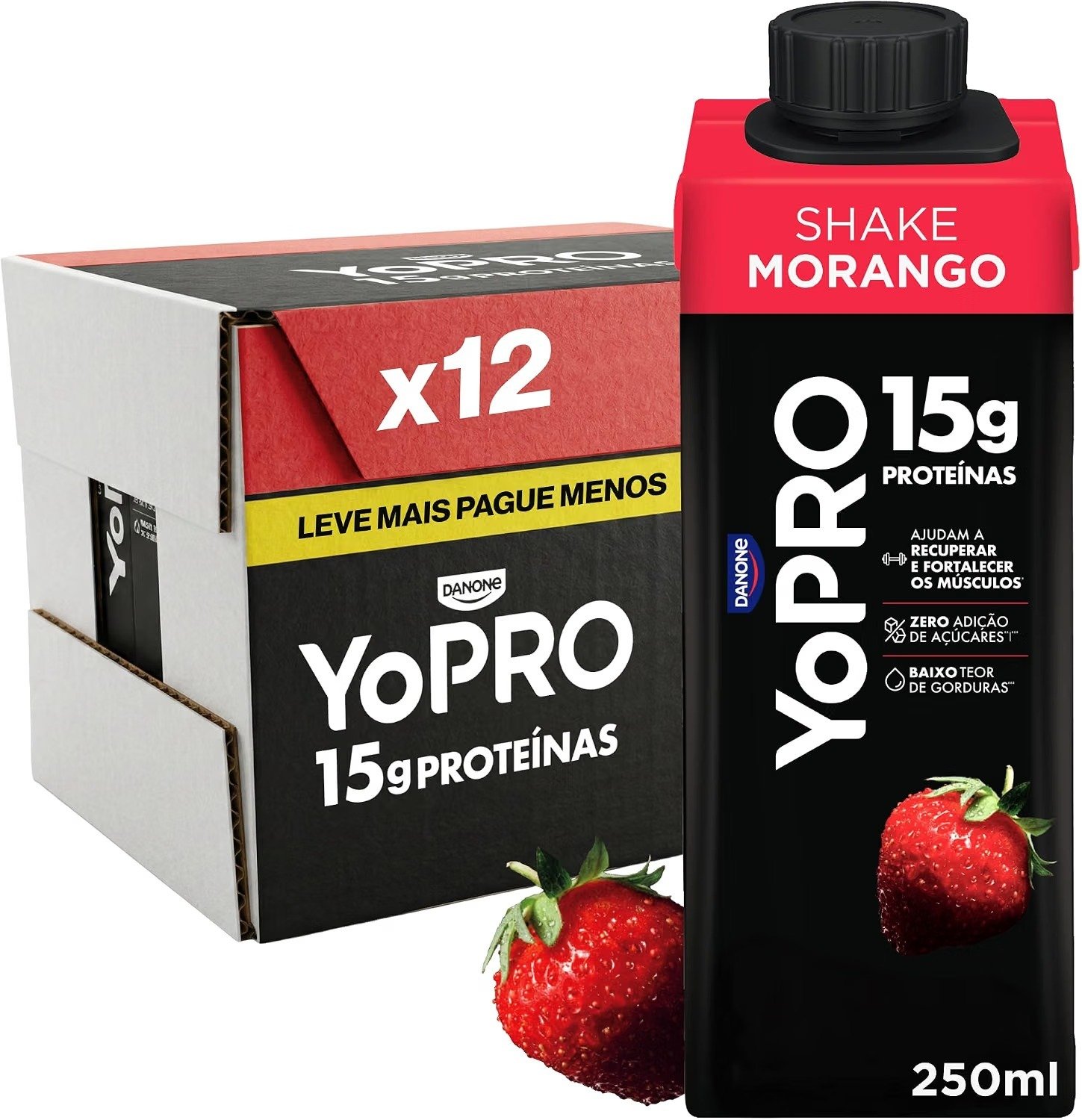 YoPRO Bebida Láctea UHT Morango – 15g de Proteínas, Líquido, Caixinha Tetra Pak 250ml (Pack com 12 unidades)