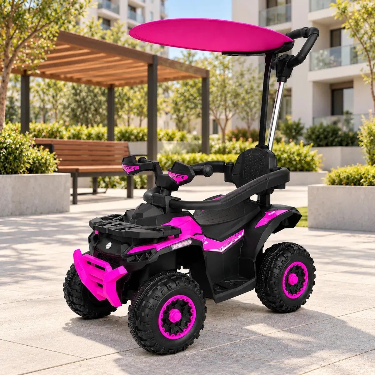 Quadriciclo Elétrico Infantil Rosa, 6 V, com haste direcionável