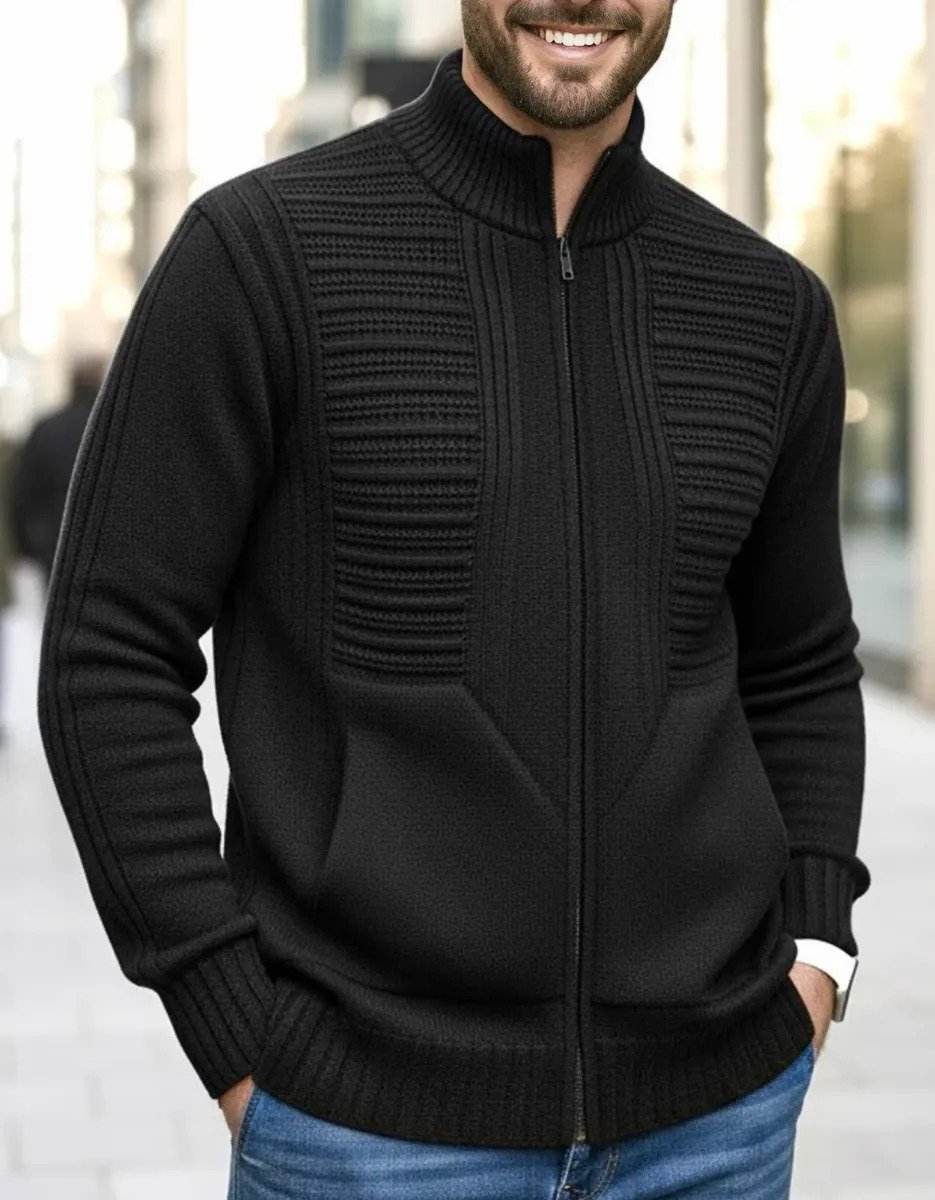 Jaqueta Masculina com Zíper e Bolsos, Blusa de Frio Grossa em Lã Tricô