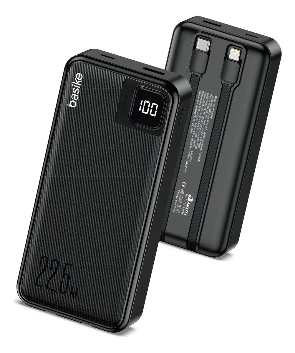 Power Bank Basike 20.000 mAh Preto, carga rápida de 22,5 W, com cabos embutidos e display