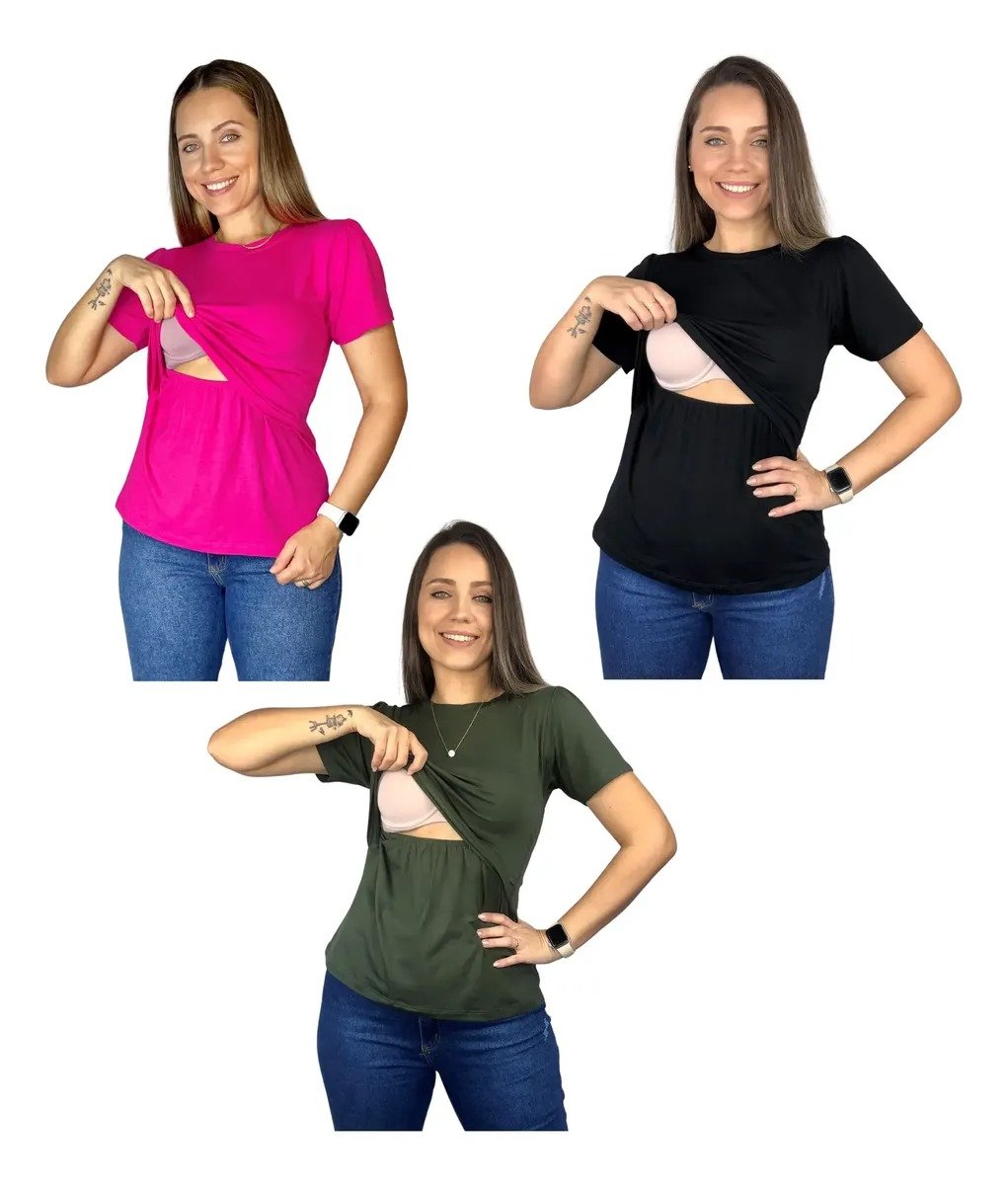 Kit 3 Blusas Amamentação Diversas Cores Premium Amamentar