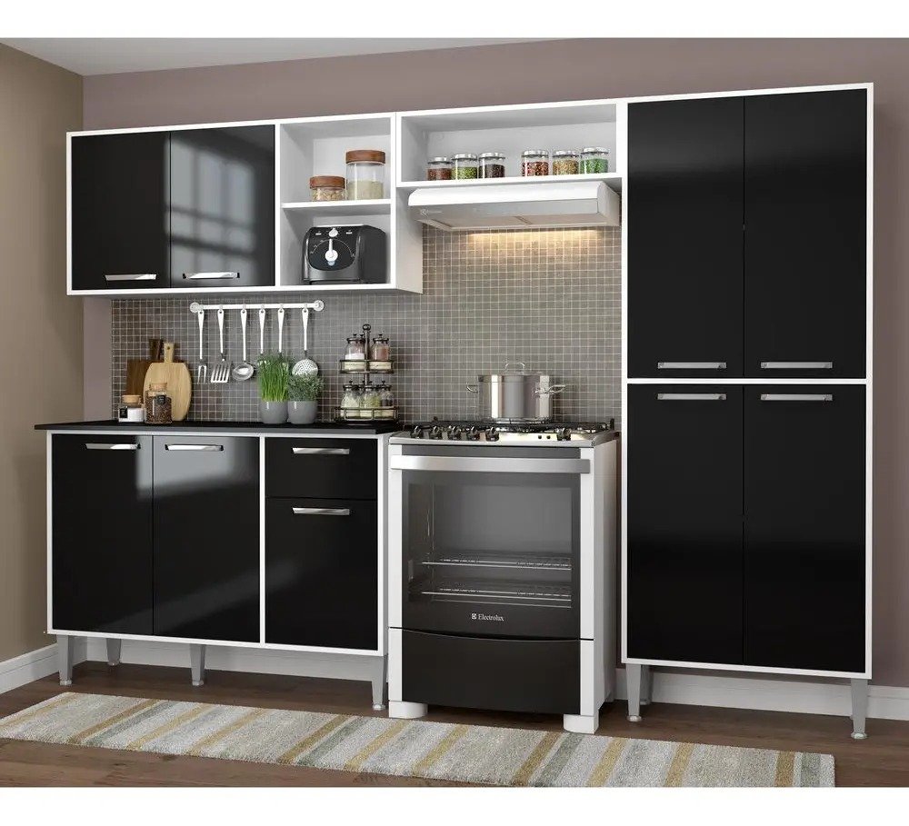 Cozinha Compacta com Armário e Balcão Xangai Multimóveis VM2840, branco e preto