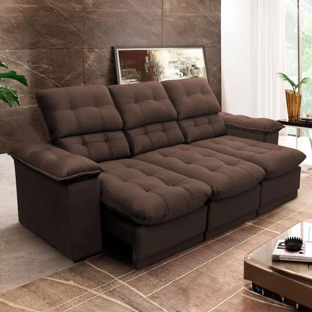 Sofá Retrátil e Reclinável Atenas 2,30 m, Suede Velut, marrom