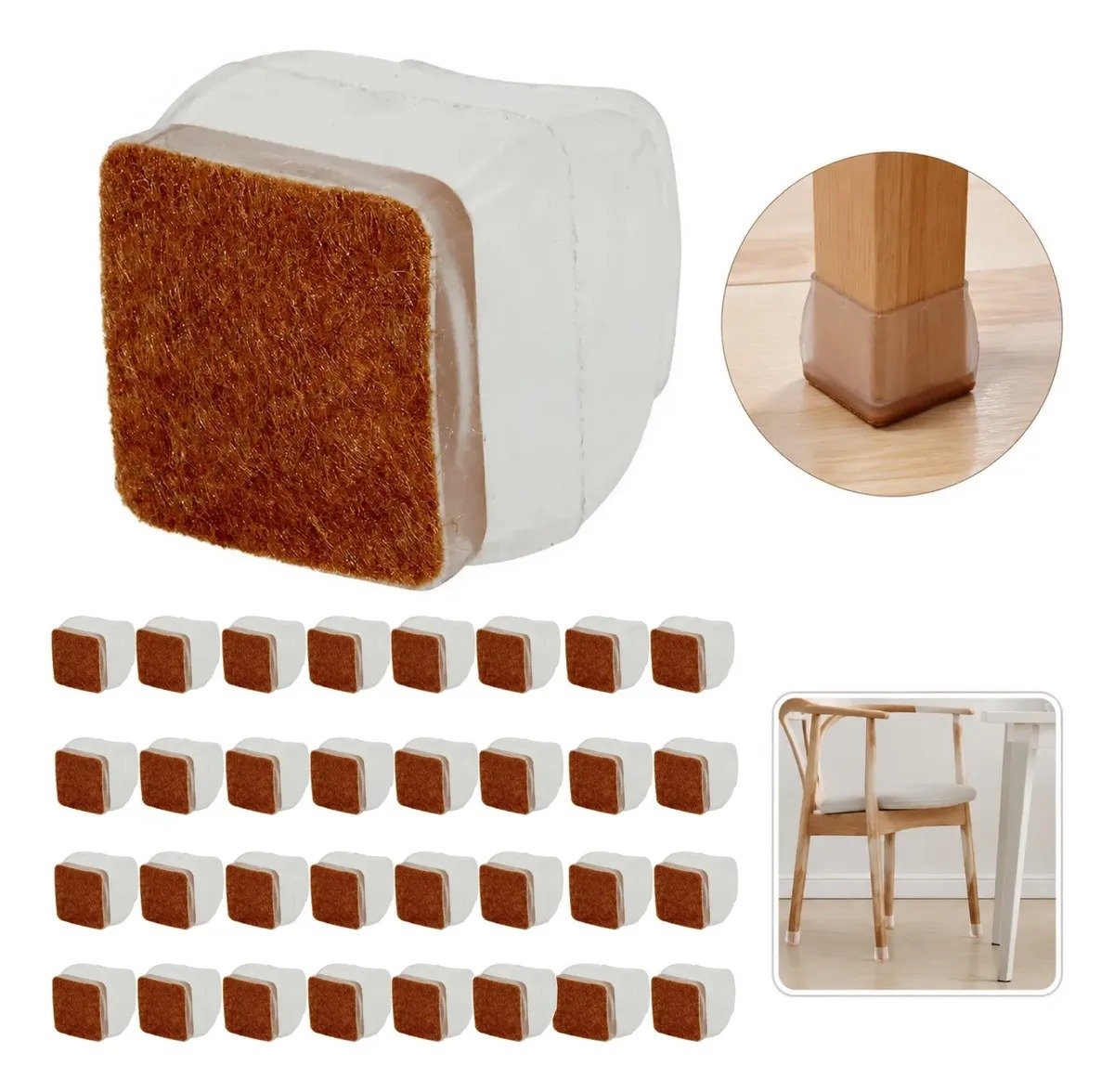 Kit com 32 Protetores para Pés de Cadeiras e Móveis, em Feltro Quadrado, 22–33 mm