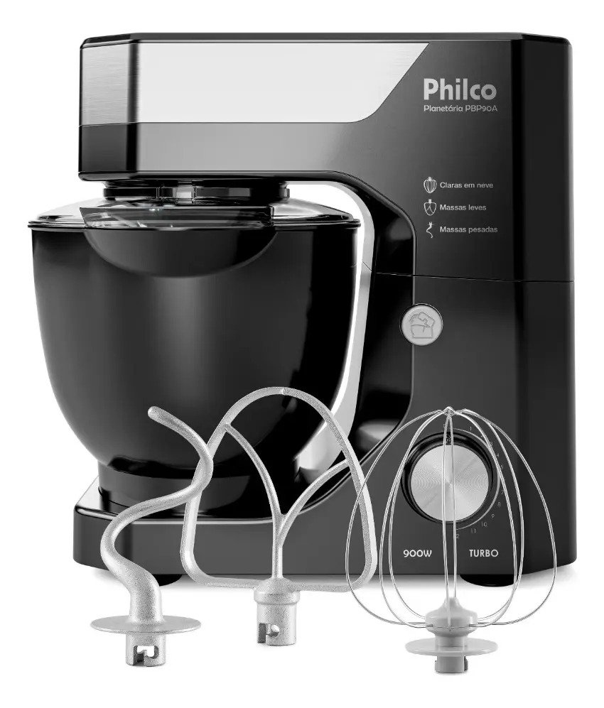 Batedeira Planetária Philco 900W, 5L, preta, 12 velocidades turbo, modelo PBP90A