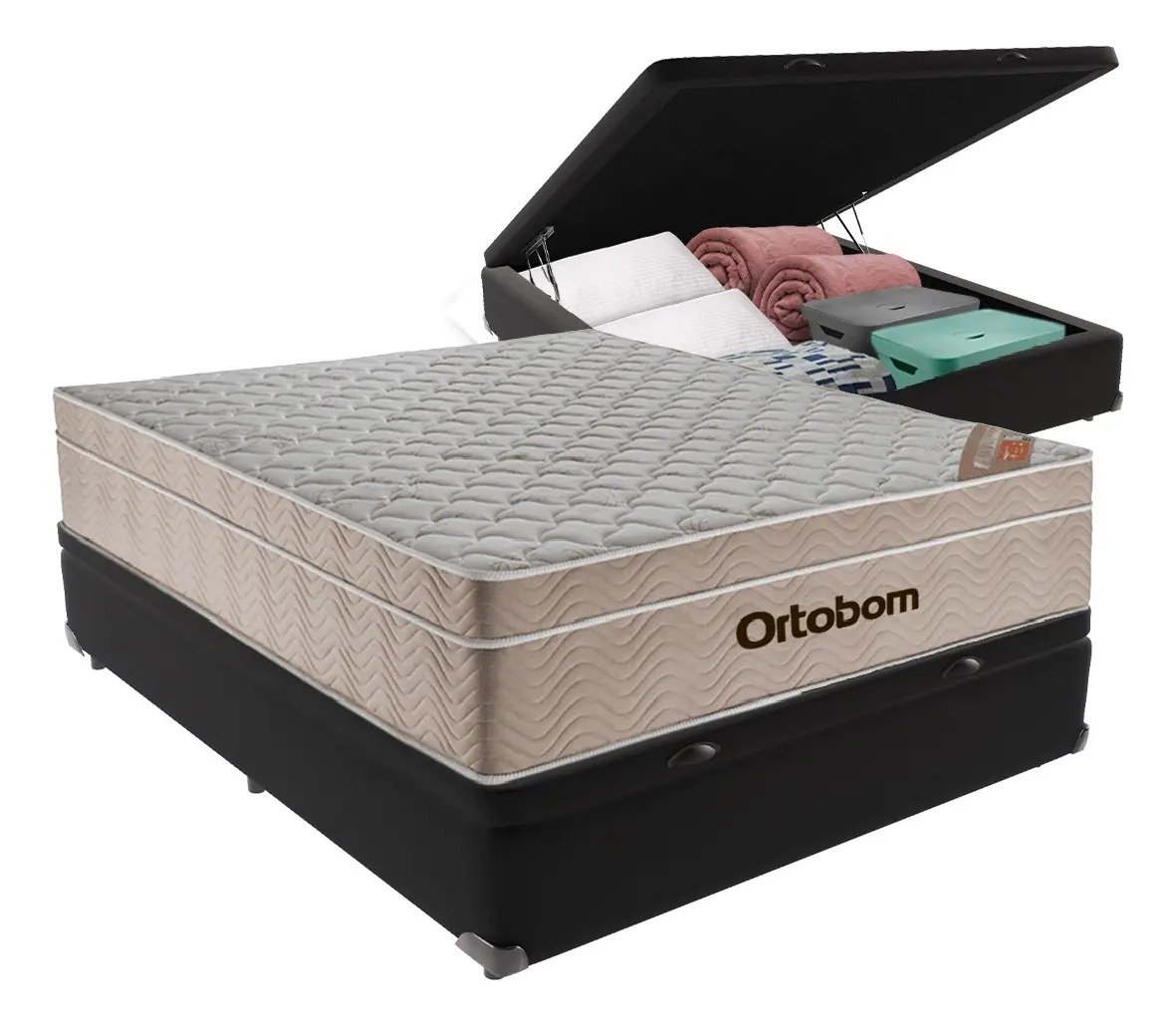 Cama Box Baú Casal Preta Ortobom AirTech, Molas Ensacadas