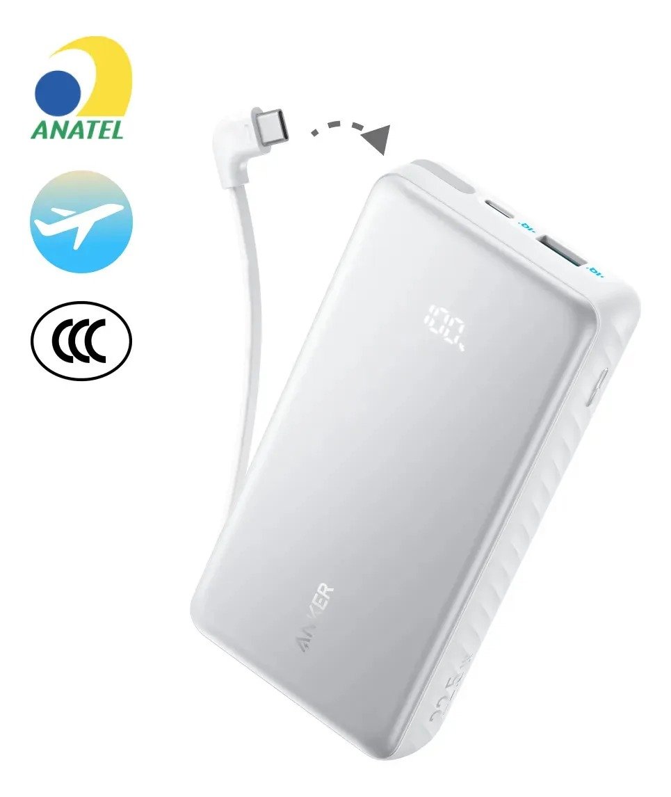 Carregador Portátil Power Bank Anker 20000mAh Carga Turbo 22.5W Cabo USB-C Integrado Para iPhone 17/16/15/14, Samsung Galaxy, Motorola, Xiaomi, Poco, Oppo, Airpods, Display Digital Cor Preto Com 3C
