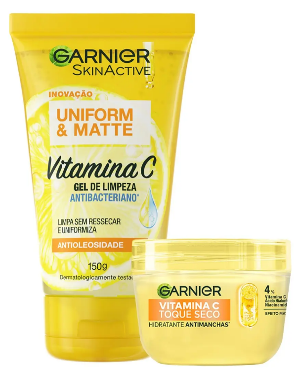 Kit Skincare Garnier Uniform & Matte com Gel de Limpeza e Hidratante de Vitamina C – 150 g