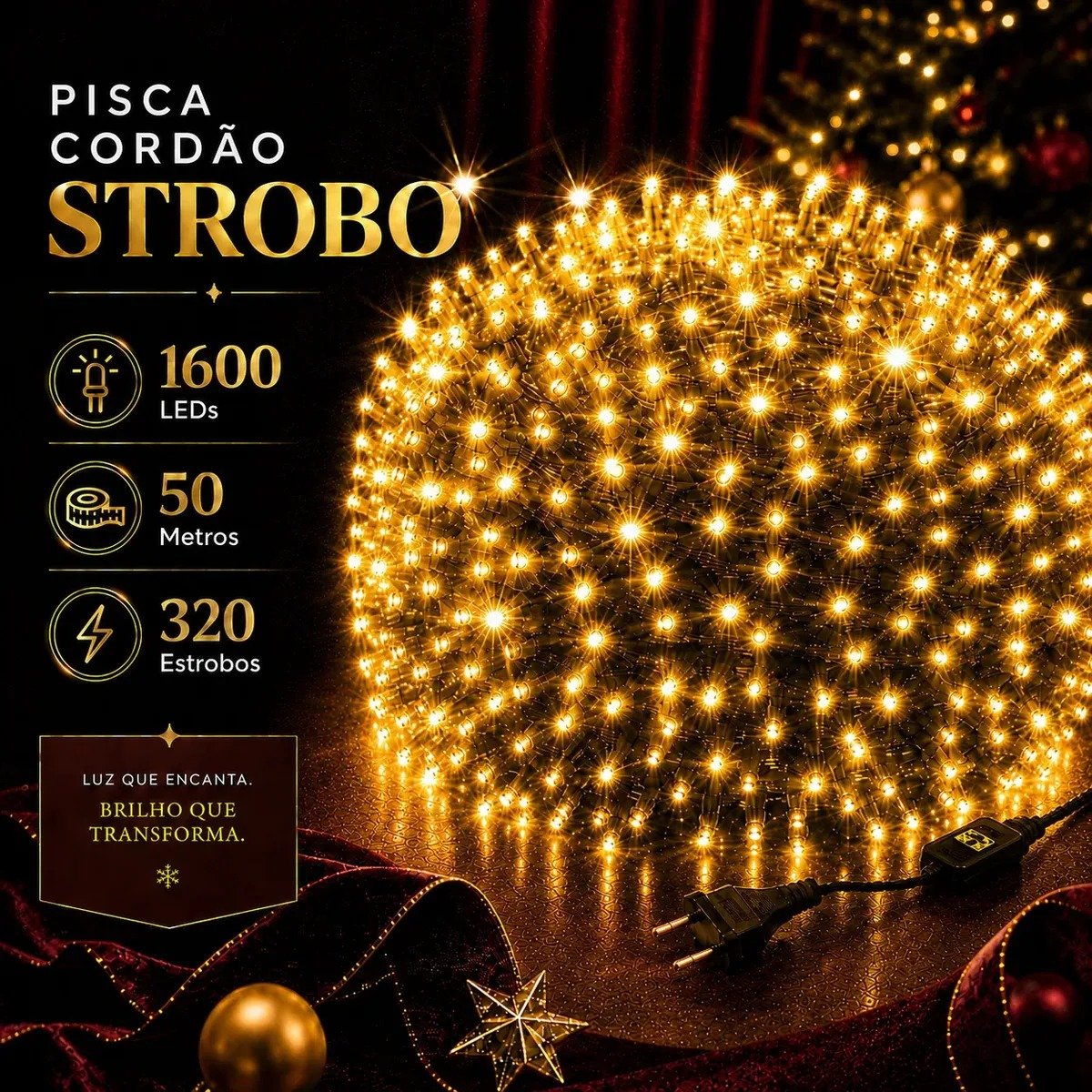 Strobo Cordão de Natal com 1.600 LEDs, Pisca-Flash, 50 m, à prova d’água, bivolt, branco quente