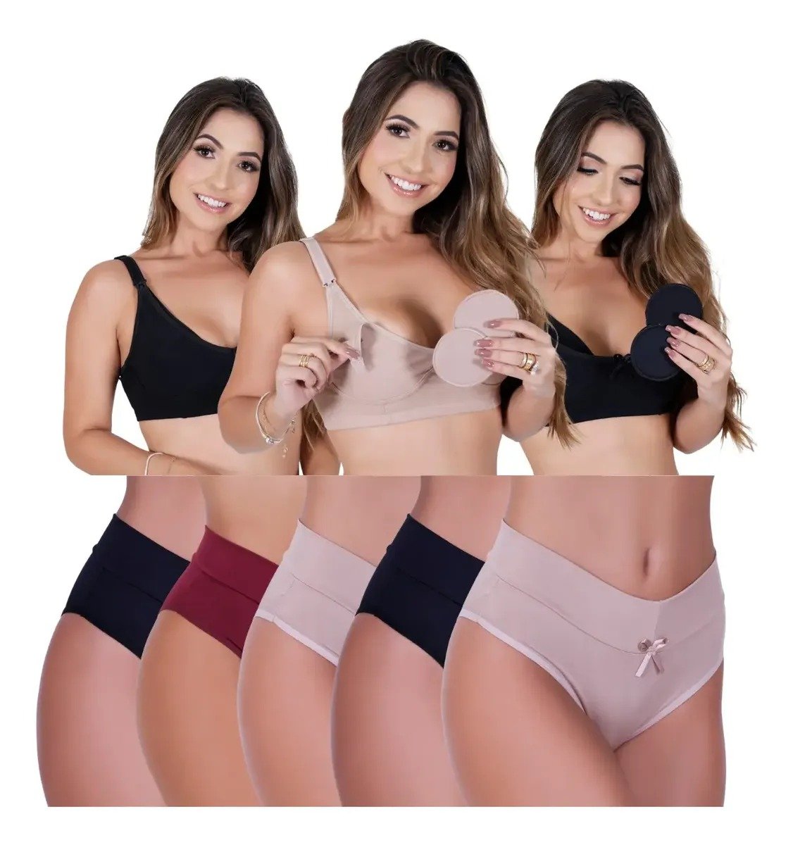Kit com 5 Calcinhas Pós-Parto para Gestante e 3 Sutiãs de Amamentação